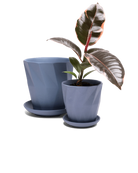 Two Chive Virago G blue grey porcelain pots with drainage and detachable saucers styled with a plant in small and medium.