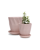 Two Chive Virago G soft pink porcelain pots with drainage and saucers styled with plants in medium and small.