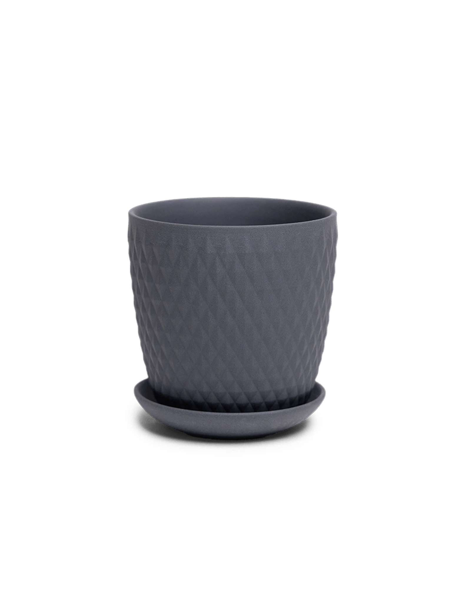 Chive Virago H small black porcelain pot with drainage hole and detachable saucer.