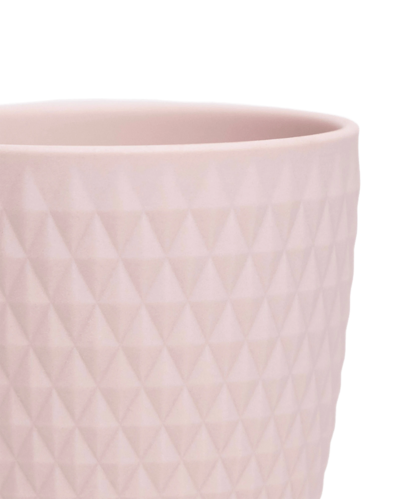 Close-up of the Chive Virago H medium soft pink porcelain pot showing the color and diamond-shaped textured finish.