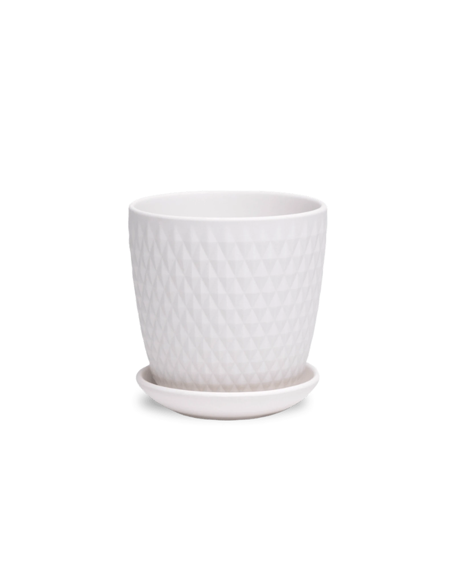 Chive Virago H small white porcelain pot with drainage hole and detachable saucer.