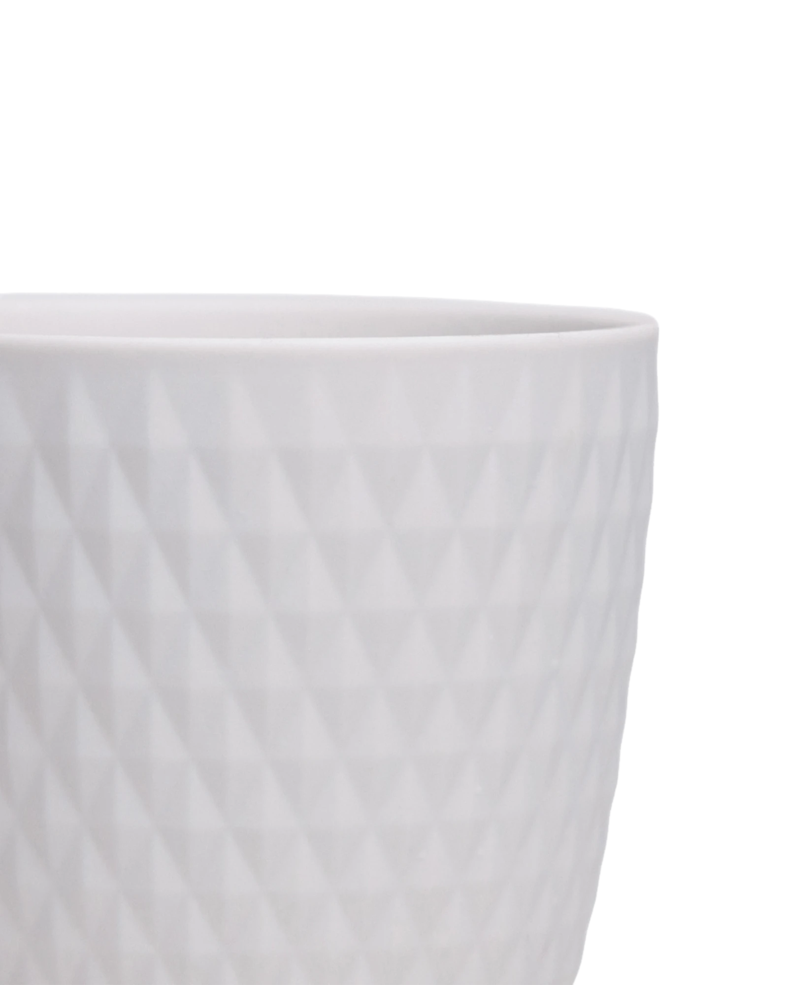 Close-up of the Chive Virago H small white porcelain pot showing the color and diamond-shaped textured finish.