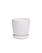 Chive Virago H small white porcelain pot with drainage hole and detachable saucer, with diamond shape texture.