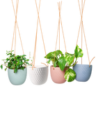 Chive Virago B ceramic hanging planters in blue grey, clay terracotta, peacock green, and white styled with plants.