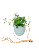 Chive Virago E peacock green ceramic  hanging planter styled with a plant, with loose cords.