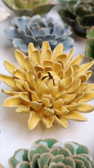 Buttercup Yellow Chrysanthemum ceramic wall flower mounted on a wall — Chive Ceramics Studio