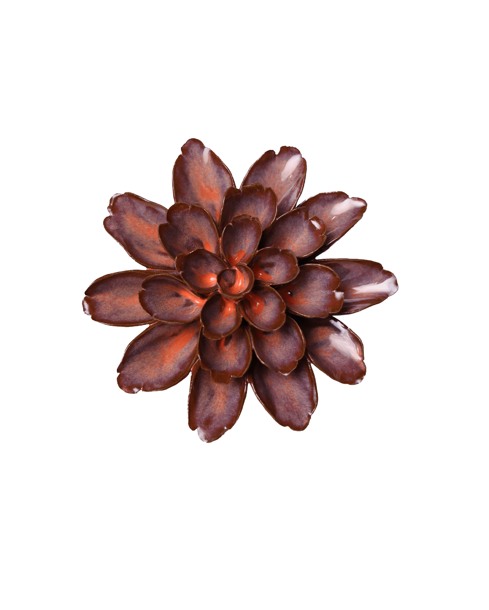 A metallic rose gold succulent flower brooch with layered petals, shown on a solid white background.