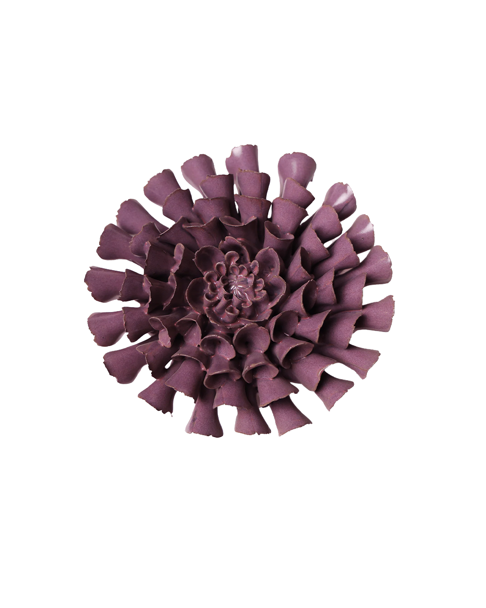 A single sculptural flower-shaped product in a muted plum-purple color, photographed from above on a plain white background.