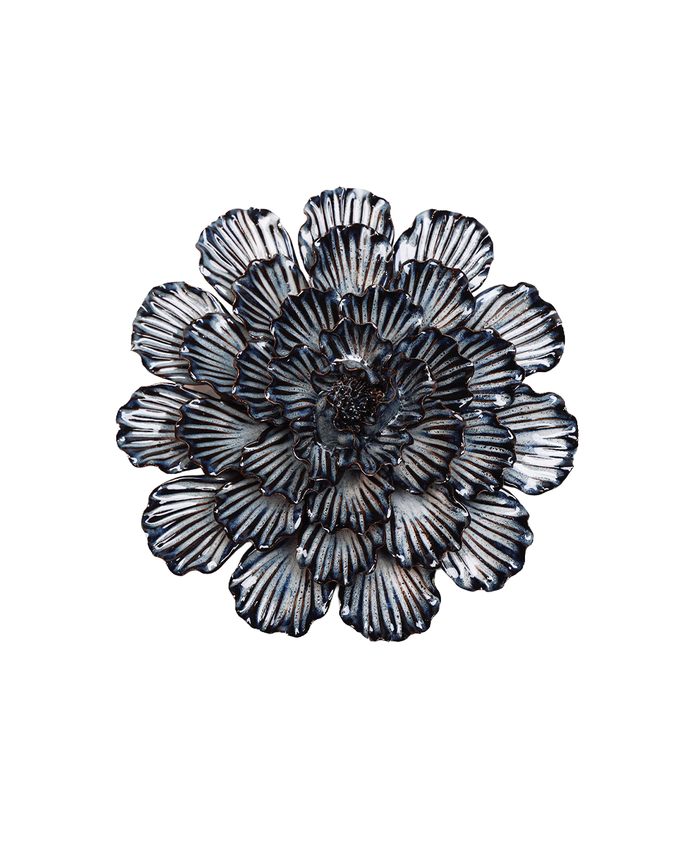 A single flower-shaped decorative object with layered petal-like segments, shown on a plain white background. The item appears metallic with a dark gunmetal/black base and silver-gray highlights along the edges.