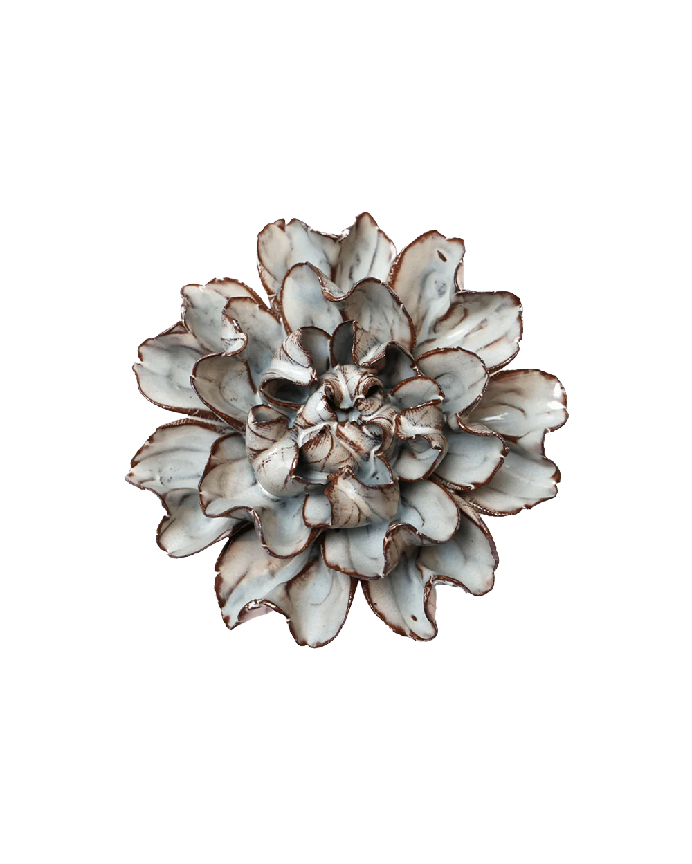 A sculptural metal succulent flower wall decor piece with layered petals in a distressed silver, gray, and white finish, accented with dark brown edges, shown against a plain white background.
