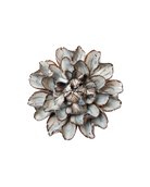 A sculptural metal succulent flower wall decor piece with layered petals in a distressed silver, gray, and white finish, accented with dark brown edges, shown against a plain white background.
