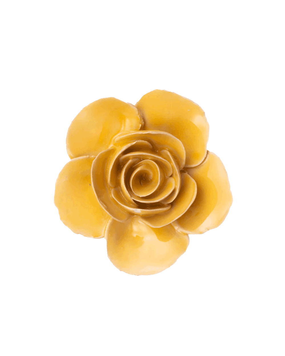 A single yellow artificial flower with layered petals, photographed against a solid white background.