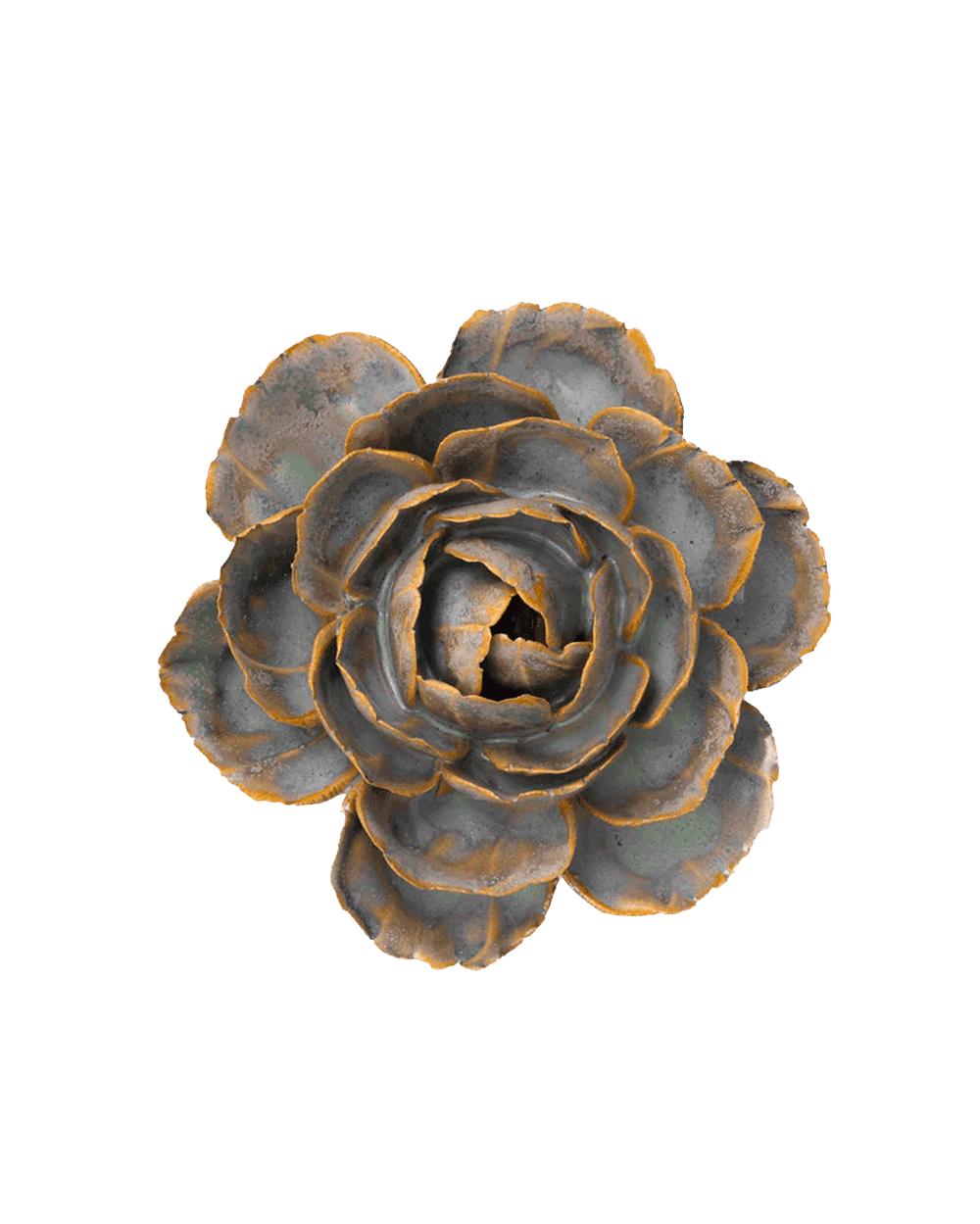 A decorative faux succulent flower with layered gray-blue petals and rusty orange edges, isolated on a solid white background.