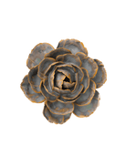 A decorative faux succulent flower with layered gray-blue petals and rusty orange edges, isolated on a solid white background.