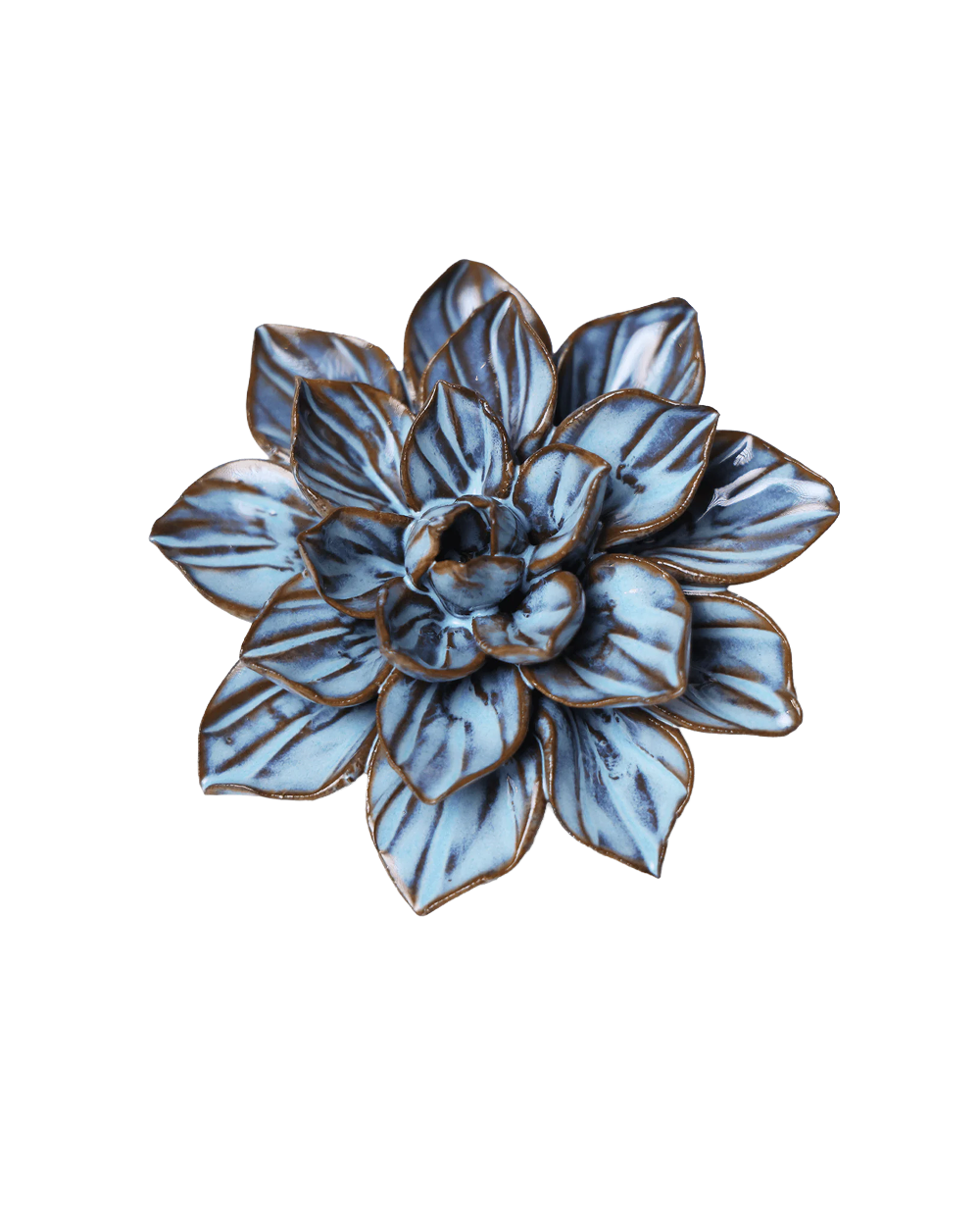 A decorative succulent-style flower sculpture with layered blue-gray leaves outlined in metallic gold, shown on a plain white background.