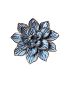 A decorative succulent-style flower sculpture with layered blue-gray leaves outlined in metallic gold, shown on a plain white background.