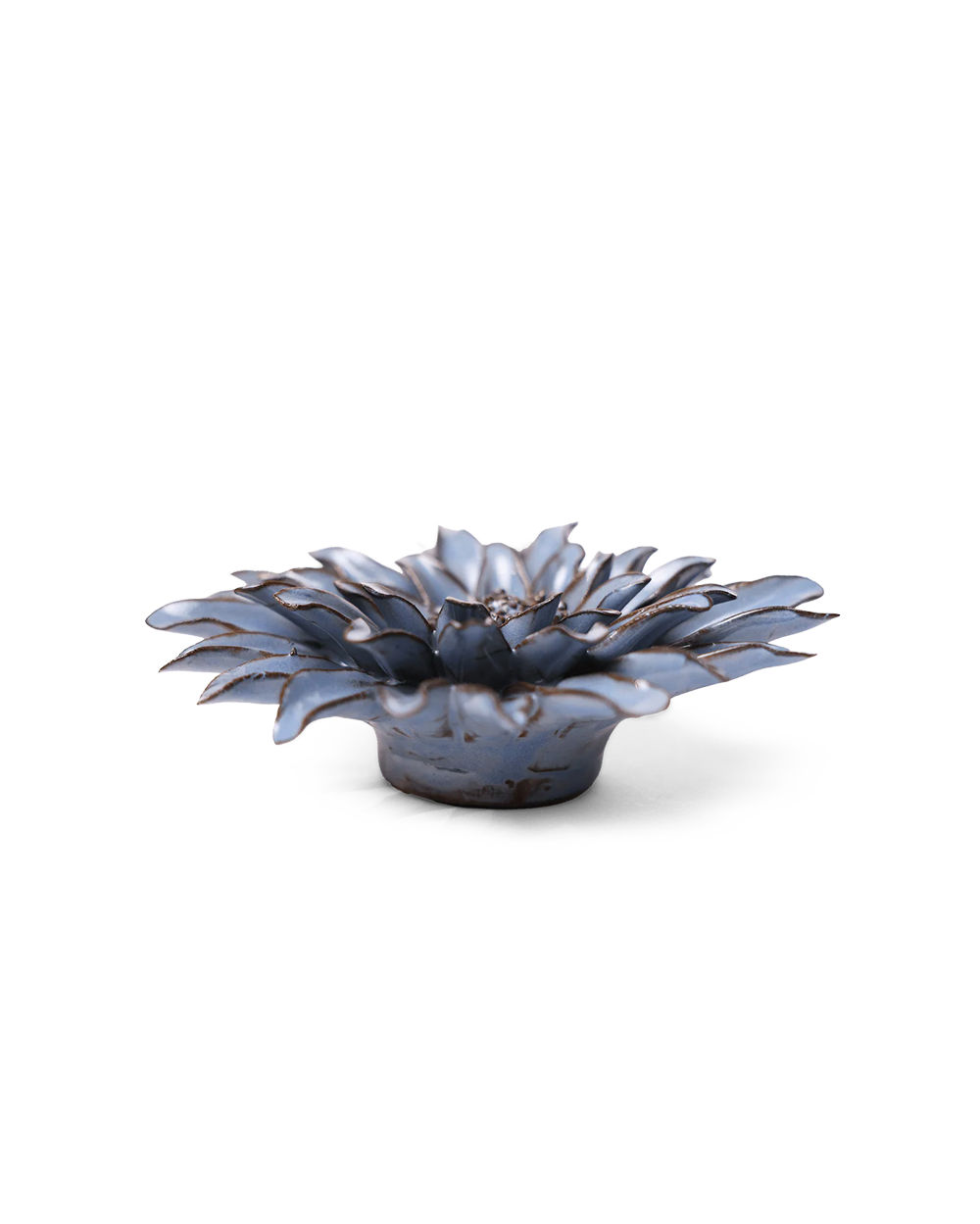 A small sculptural flower-shaped dish or candle holder with layered petals, shown on a clean white background.
