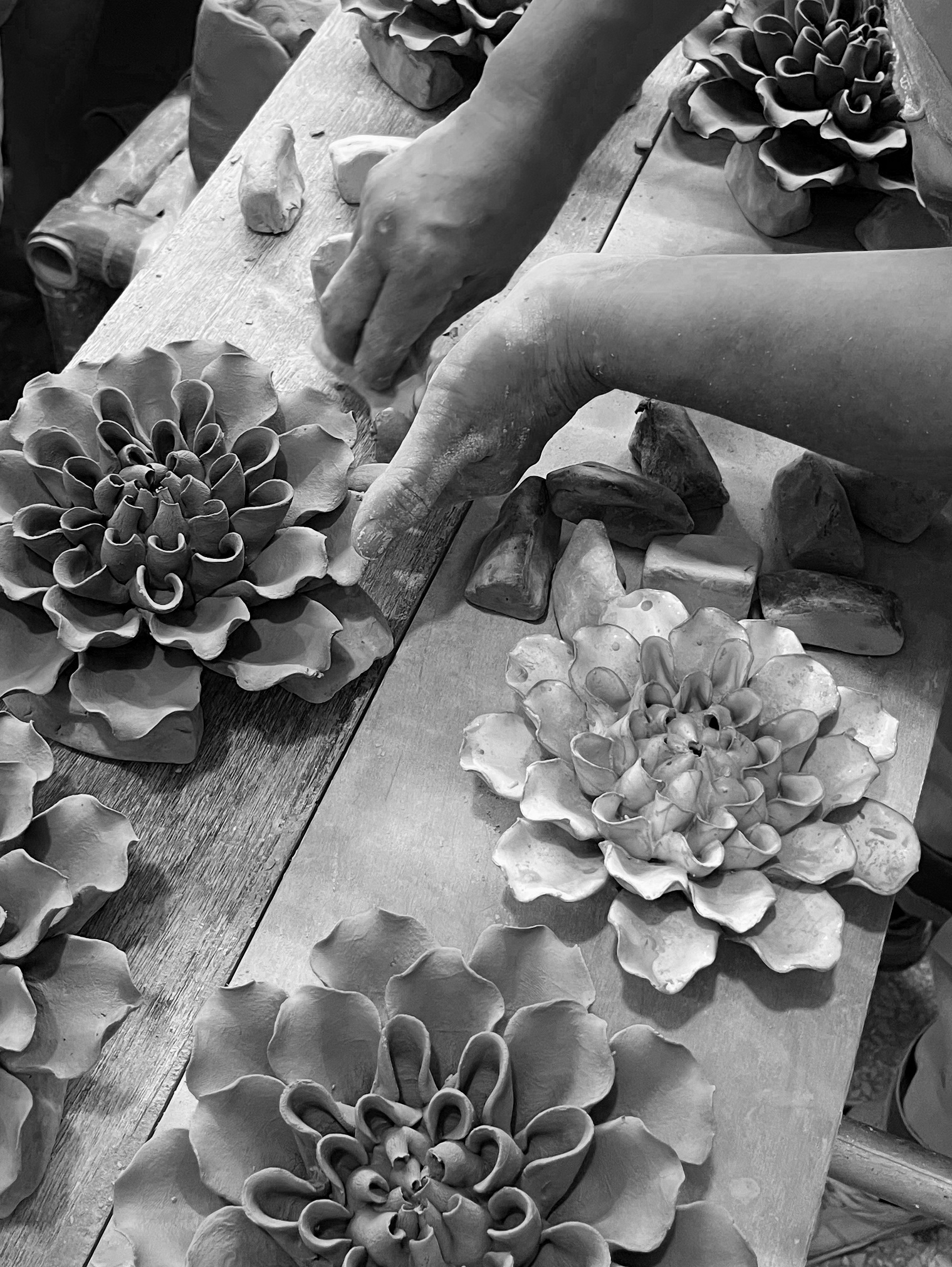 Chive artisan hand sculpted delicate ceramic flower petal without molds with keyholes for hanging