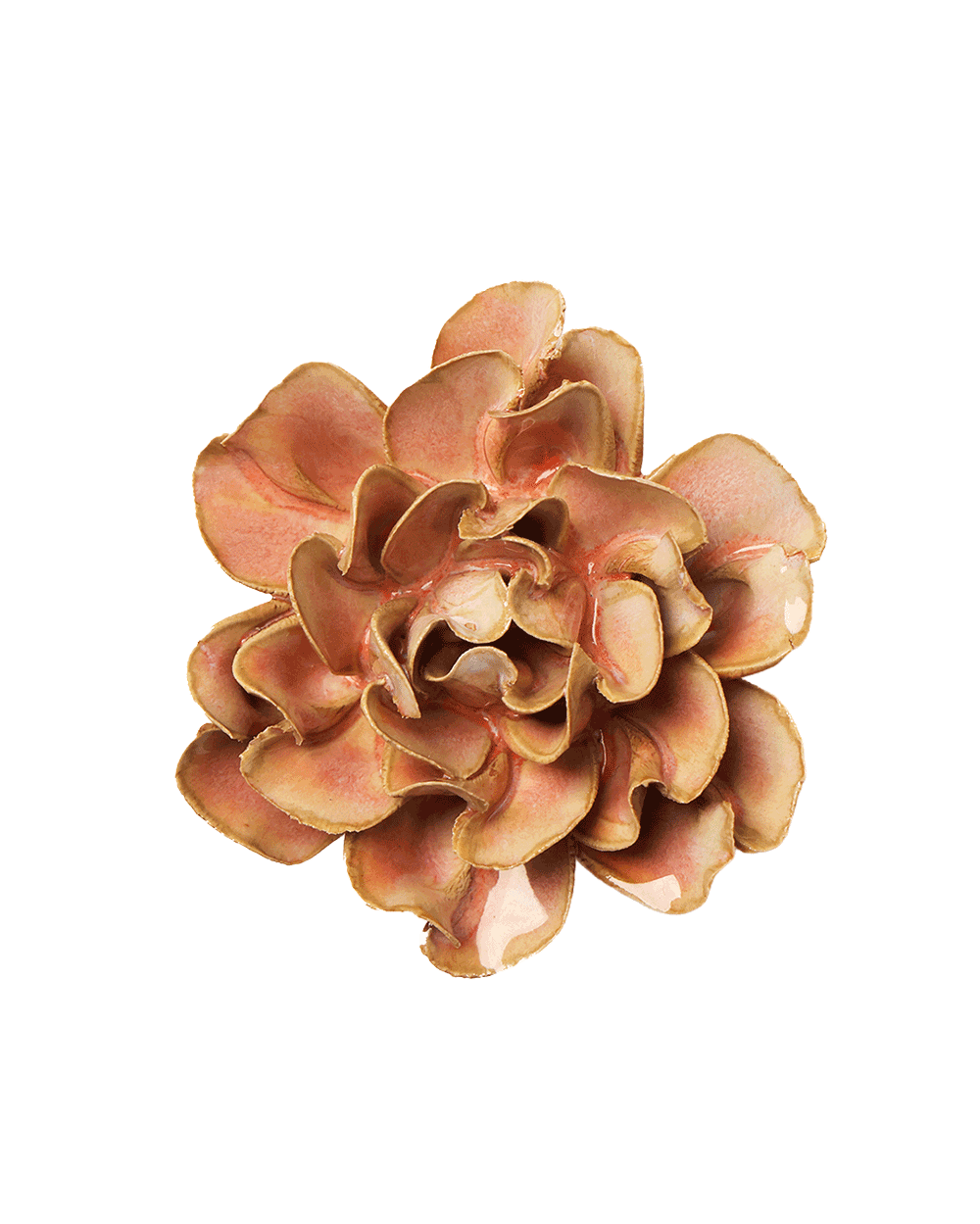 A single artificial flower bloom with layered ruffled petals in warm peach, tan, and light brown tones, isolated on a plain white background.