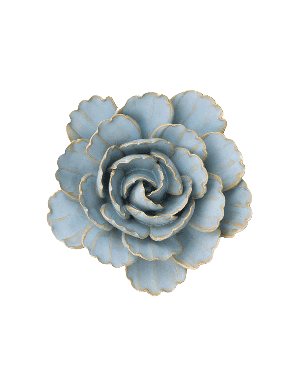 A decorative ceramic succulent flower with layered light blue-gray petals outlined in a metallic gold glaze, shown against a plain white background.
