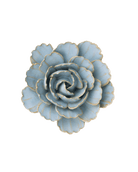 A decorative ceramic succulent flower with layered light blue-gray petals outlined in a metallic gold glaze, shown against a plain white background.