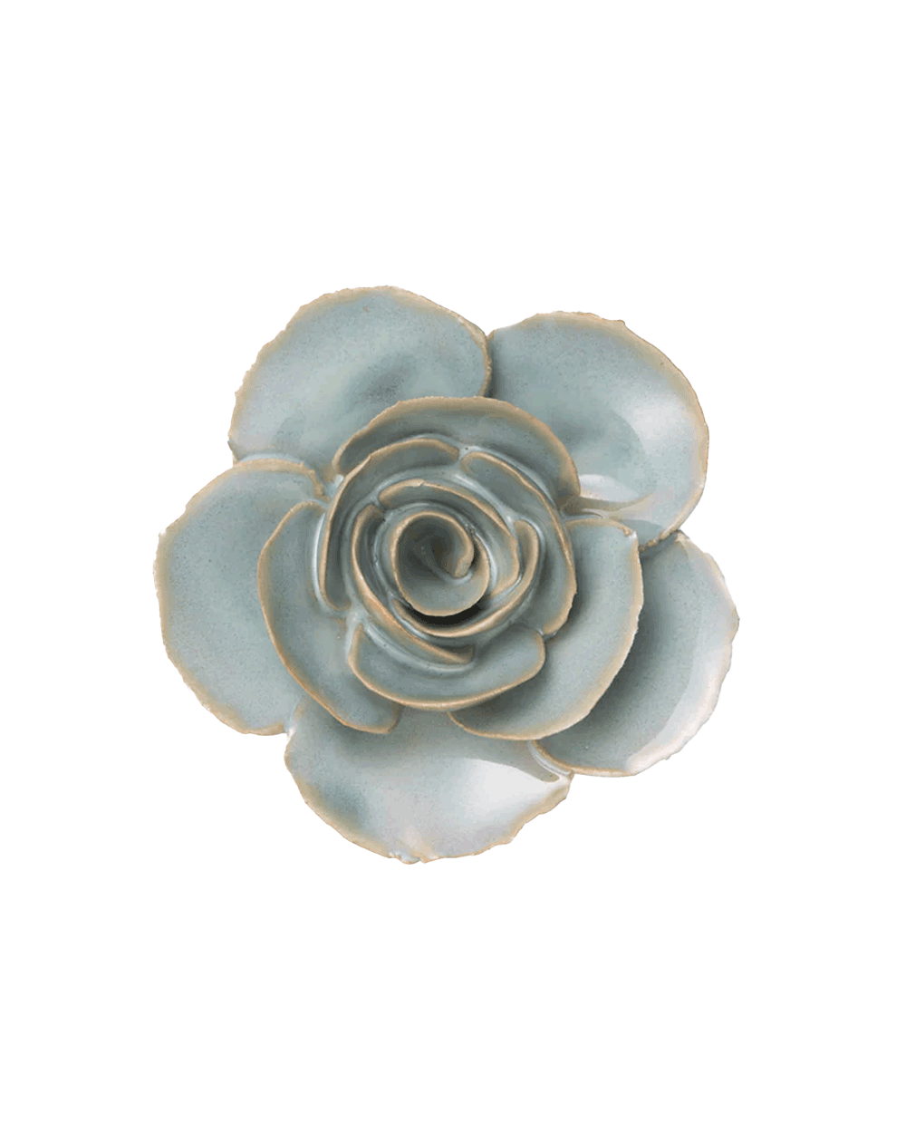 A ceramic succulent-style flower figurine with pale blue-green glazed petals and natural clay edges, photographed from directly above on a plain white background.