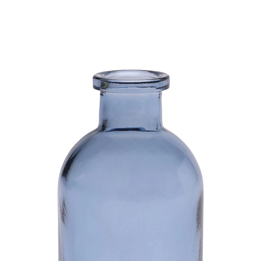 Chive Loft glass bud vase in medium blue, close-up on the narrow ridged neck.