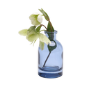 Chive Loft glass bud vase in medium blue, angled view with a white hellebore bloom and leaves.
