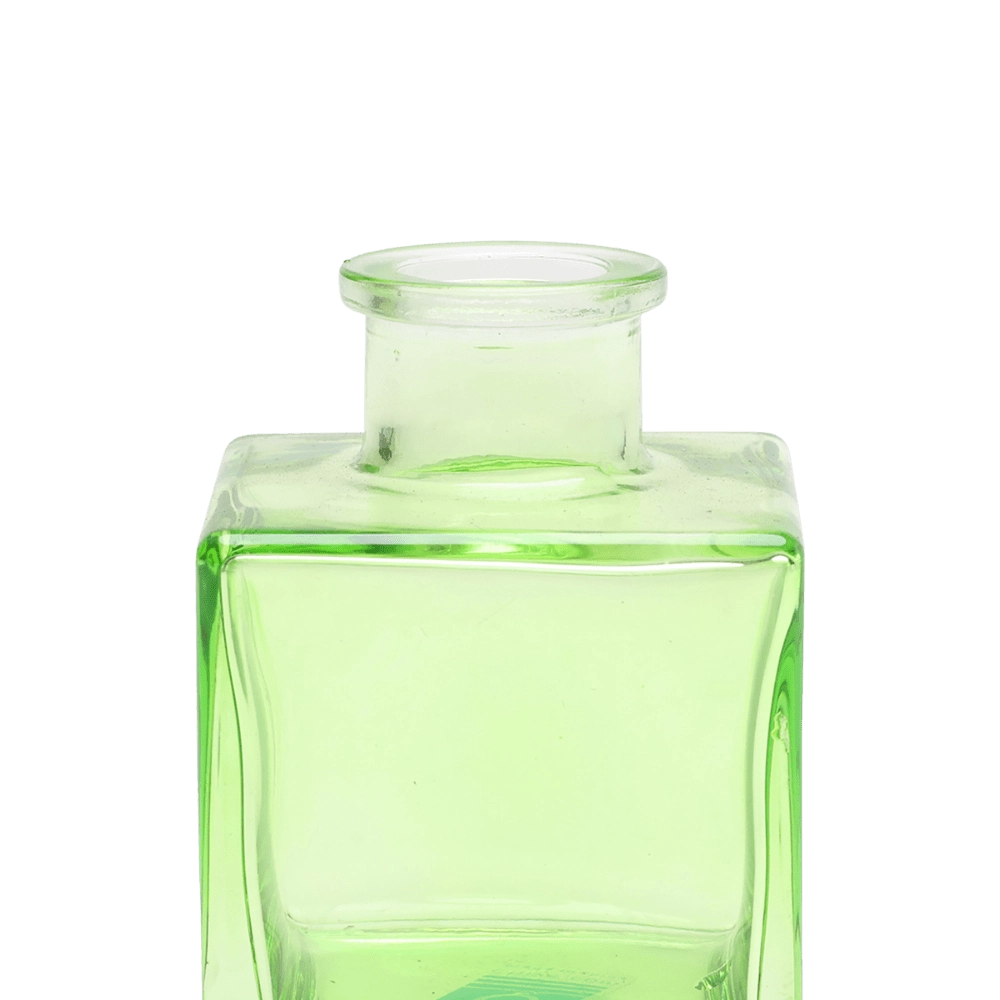 Chive Loft cube glass bud vase in green, close-up on the raised collar neck.