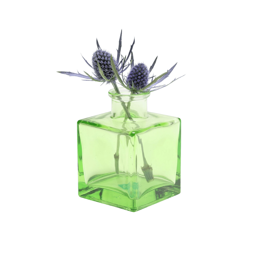 Chive Loft cube glass bud vase in green styled with two blue thistle stems.