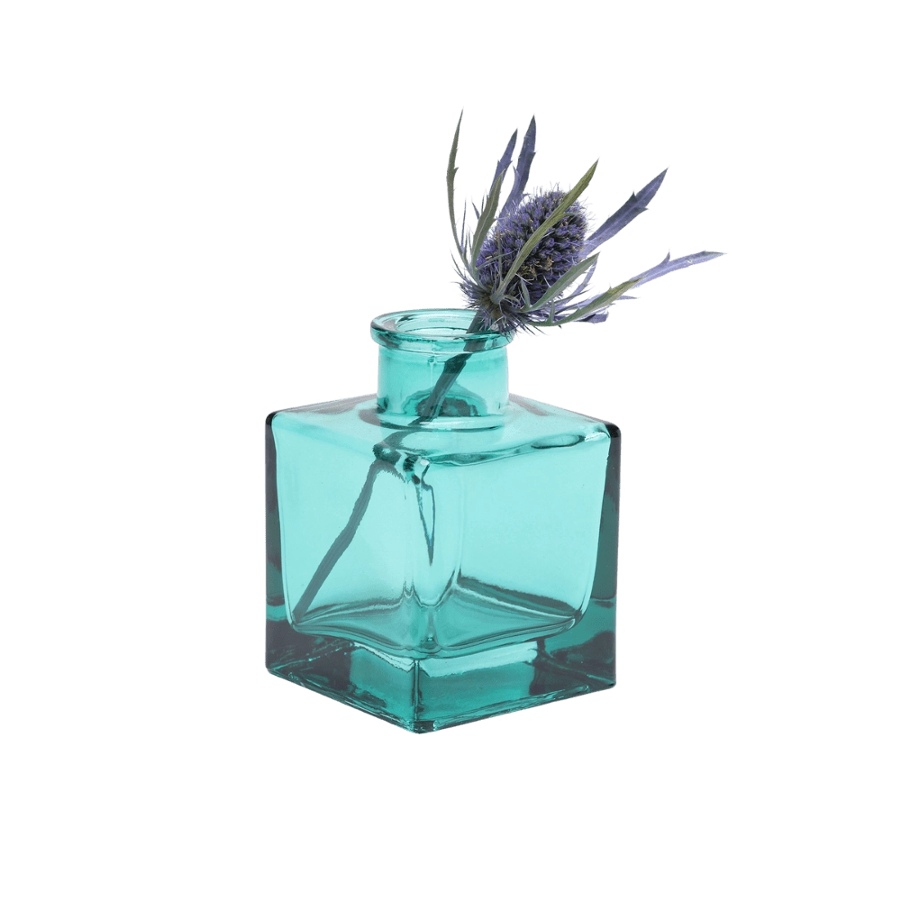 Chive Loft cube glass bud vase in teal styled with a single blue thistle stem.