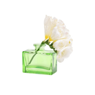 Chive Loft square glass bud vase in green styled with a stem of white freesia blooms.