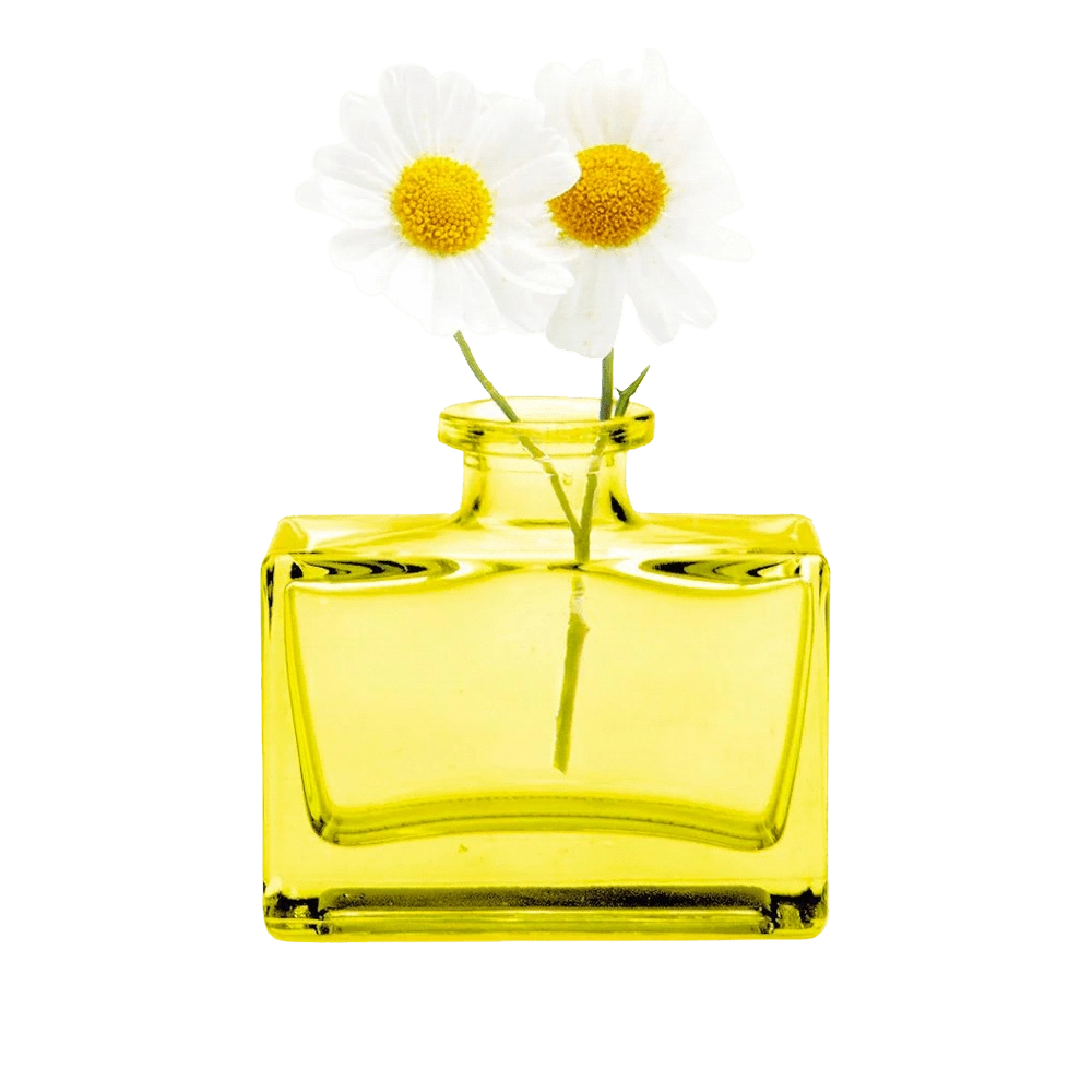 Chive Loft square glass bud vase in yellow styled with two small white daisy blooms.