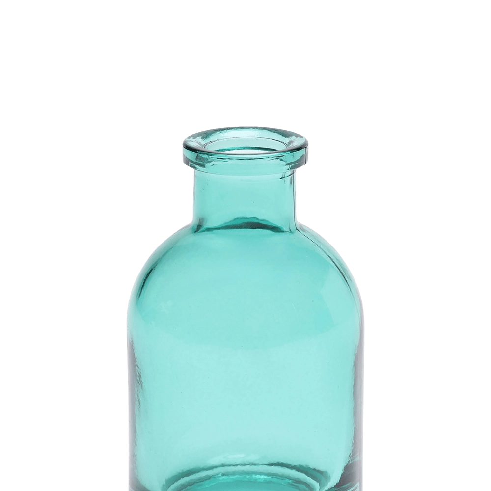 Chive Loft tall glass bud vase in teal, close-up on the narrow neck and rim.