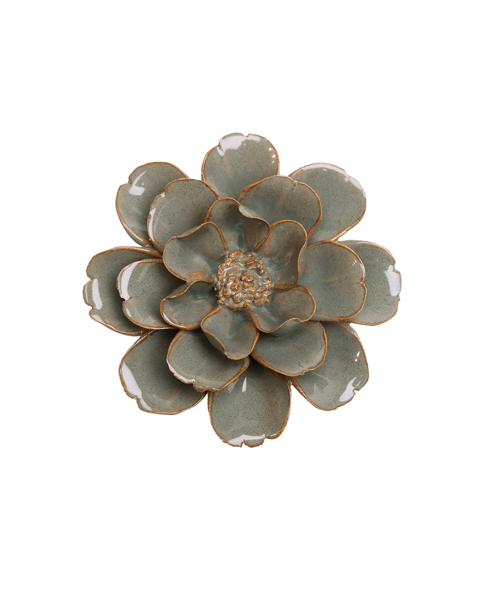 A ceramic succulent flower figurine with layered green-gray petals and a warm brown rim, shown on a plain white background.