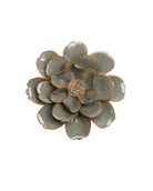 A ceramic succulent flower figurine with layered green-gray petals and a warm brown rim, shown on a plain white background.