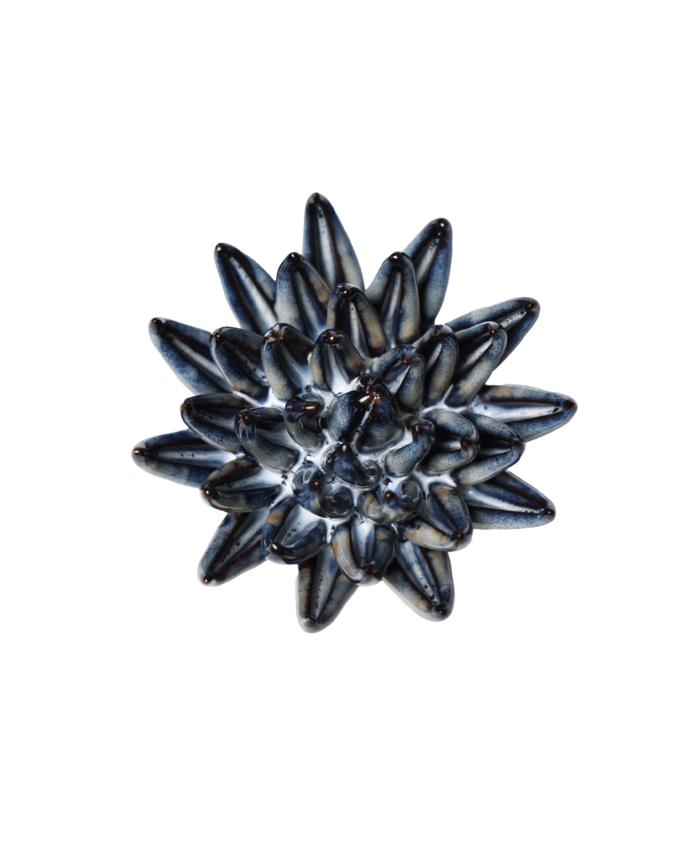 A single round button with a textured, starburst-like pattern of dark blue, black, and white stripes, shown on a plain white background.