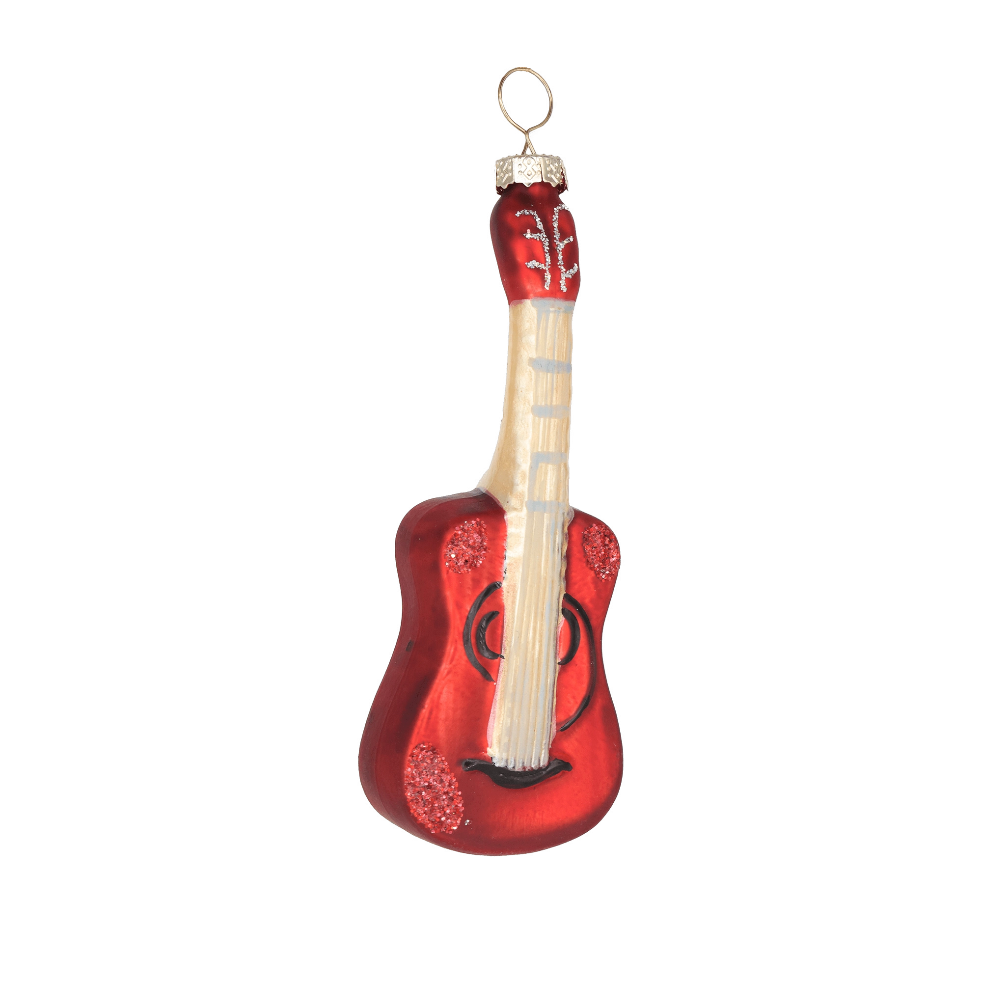Chive glass acoustic guitar ornament in red with a cream neck and glitter accents.