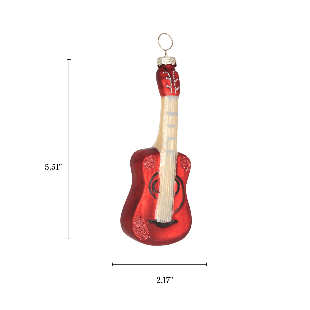 Chive glass acoustic guitar ornament with a dimension diagram showing its slim tall size.