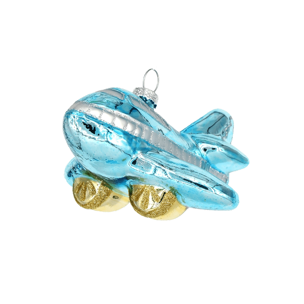 Chive glass airplane ornament in light blue with silver window detailing and gold wheels.