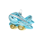 Chive glass airplane ornament in light blue with silver window detailing and gold wheels.