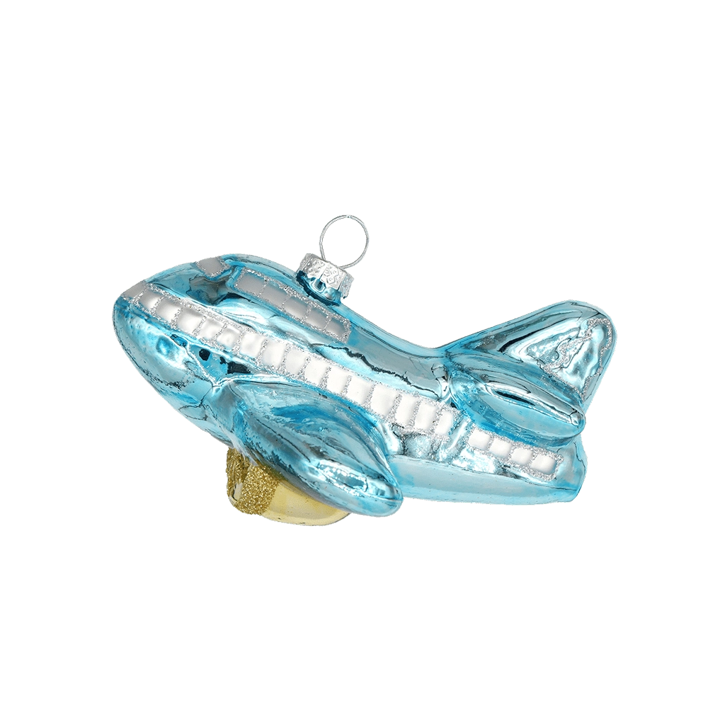 Chive glass airplane ornament shown in profile with a glittered silver window stripe.
