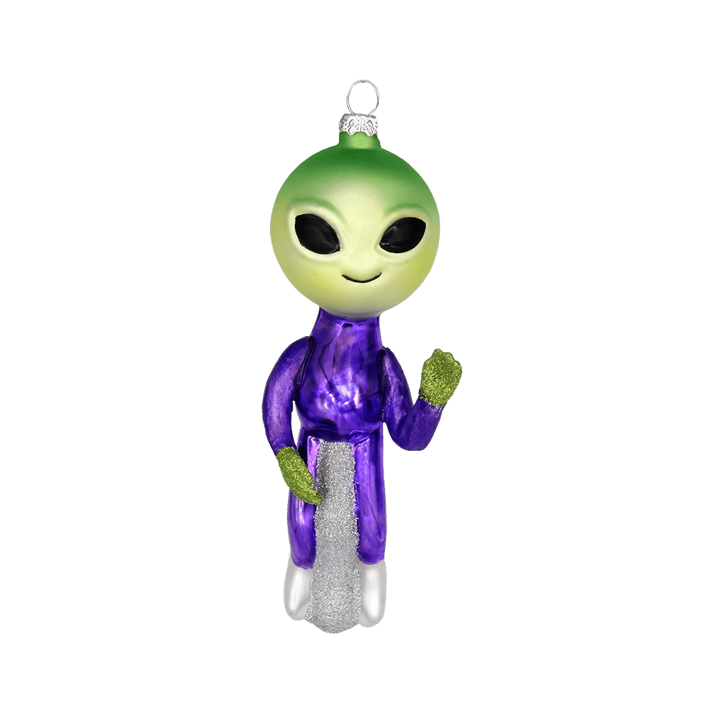 Chive glass alien ornament in green and purple with glittered gloves and boots.