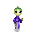 Chive glass alien ornament in green and purple with glittered gloves and boots.