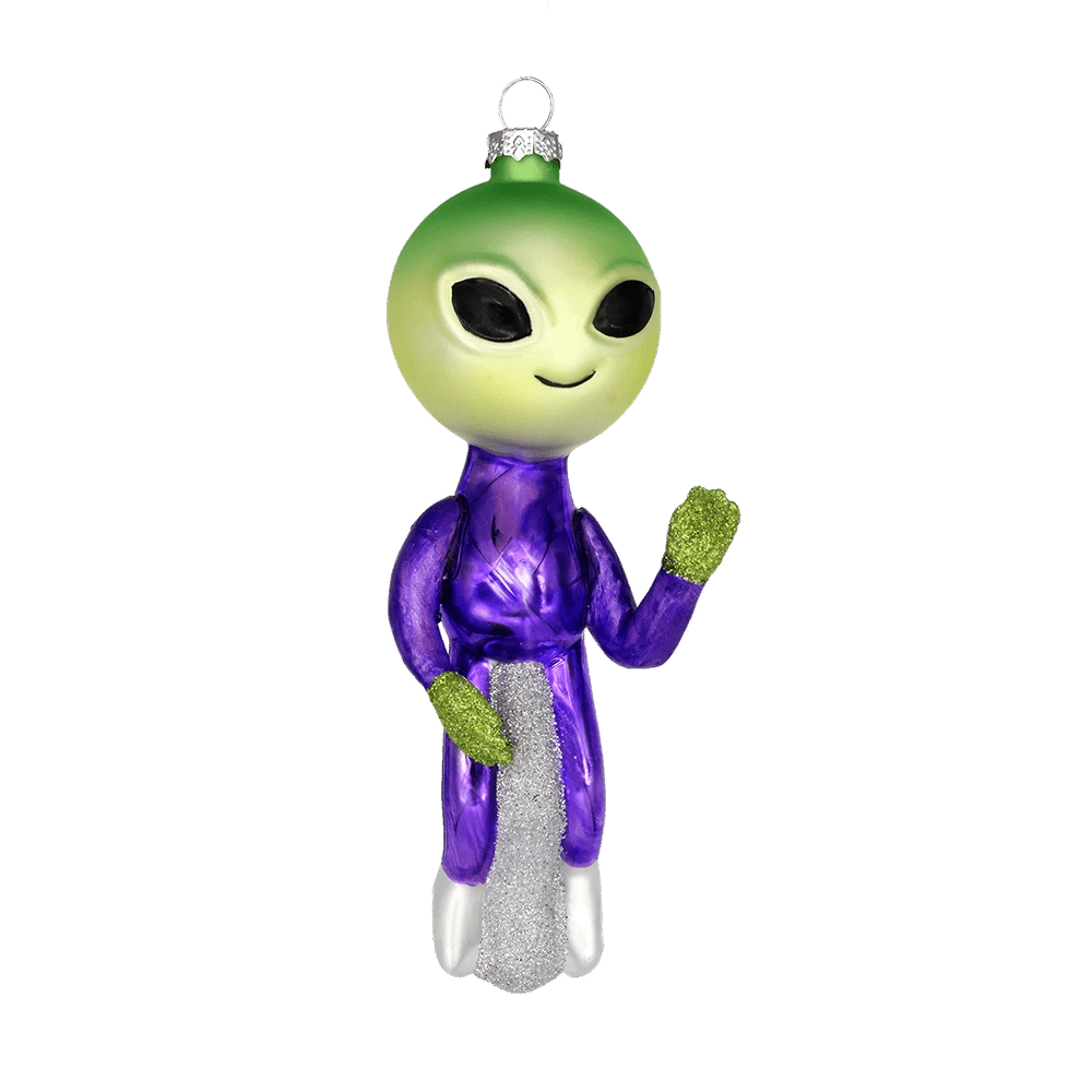 Chive glass alien ornament shown straight-on with a waving glittered hand.