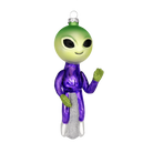 Chive glass alien ornament shown straight-on with a waving glittered hand.