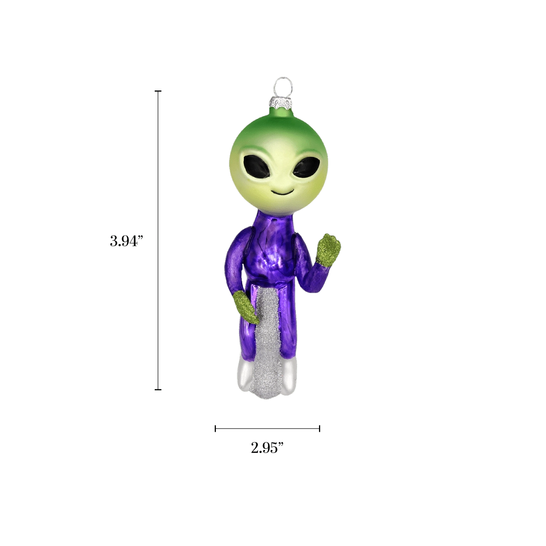 Chive glass alien ornament with a dimension diagram showing its standing figure size.