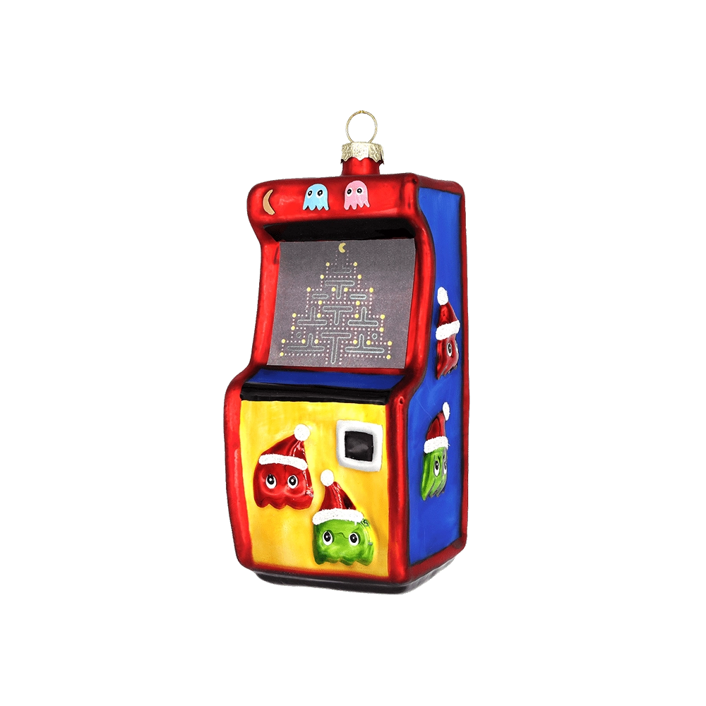 Chive glass arcade game ornament in red, yellow, and blue with festive ghost characters.
