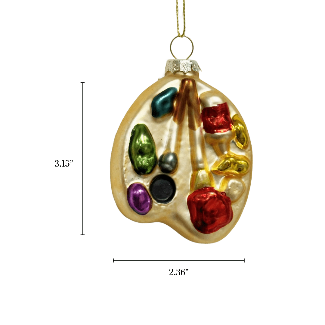 Chive glass artist palette ornament in gold with colorful paint dabs.