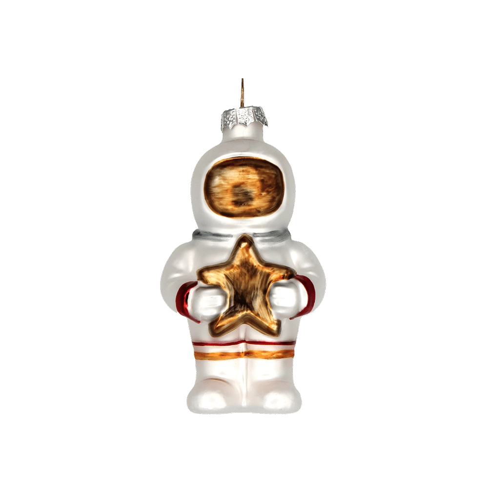 Chive glass astronaut ornament shown straight-on with a gold visor and red trim.